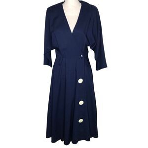 Vintage Hamells Navy Blue Dolman Sleeve Fit and Flare Midi Dress Size 14
